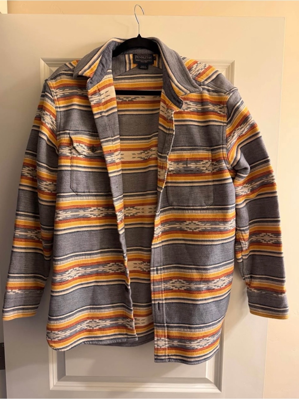 Pendleton Striped Wool-Blend Shirt Jacket in Gray, Yellow & Cream